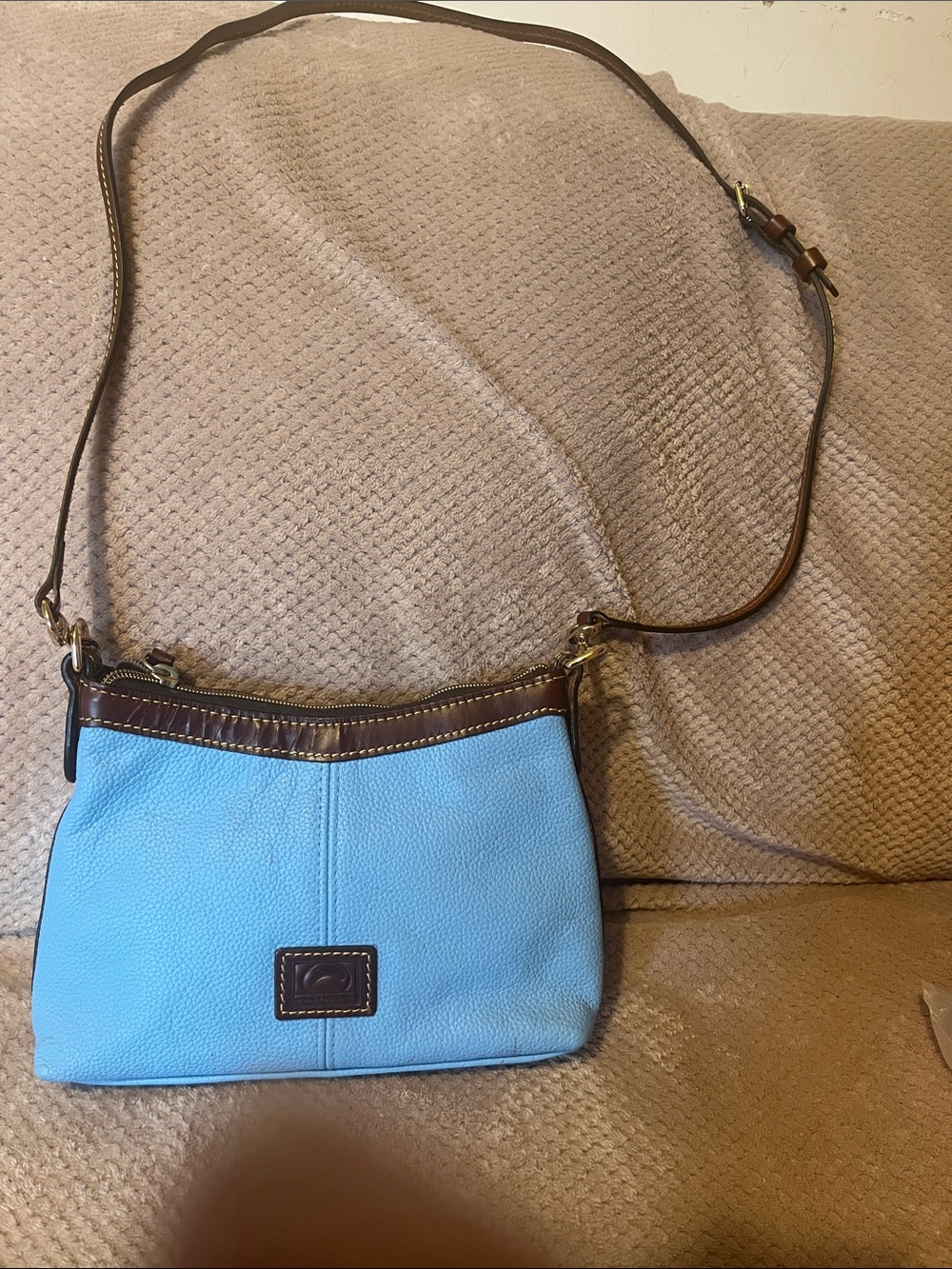 Dooney & Bourke Light Blue Pebbled Leather Crossbody with Brown Trim